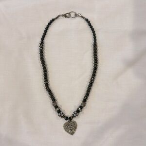 Black Spinel Gold and Silver Colored Beaded Necklace With Heart Pendant.